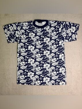Custom Tees Floral Hawaiian AOP T Shirt Men’s Medium Blue Nautical USA Made Y2K